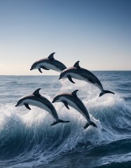 Four dolphins gracefully leap over a cresting wave, silhouetted against the serene blue sea. The...