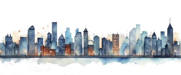 An artistic representation of a cityscape, blending watercolors and silhouettes