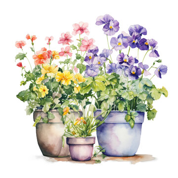 Artistic representation of blooming flowers in pots, painted with watercolors