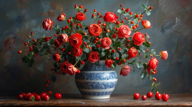  a painting of red roses in a blue and white vase on a table with cherries in front of it.