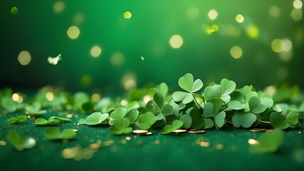 Green bokeh with clover confetti for St. Patrick's Day