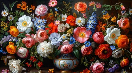  a painting of a bunch of flowers in a vase on a table with other flowers in a vase behind it.