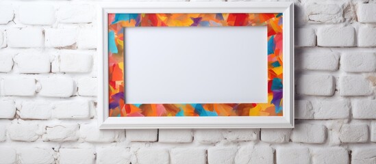 A rectangular picture frame with a colorful border is displayed on a white brick wall, showcasing a blend of technology and multimedia in a modern office environment