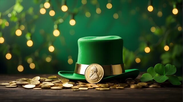 Concept for St. Patrick's Day. adorned with a gold coin backdrop and a green leprechaun hat, party lights