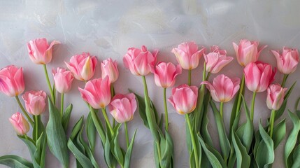 Beautiful Pink Tulips Bunch in a Floral Border - Perfect for Springtime Holidays and Mother's Day Greeting Card. Top View on Light Background