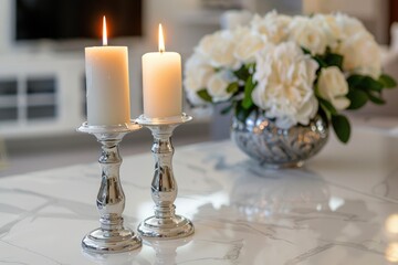 Beautiful White Marble Table with Elegant Candlesticks and Burning Candles as Stunning Home Decor Design