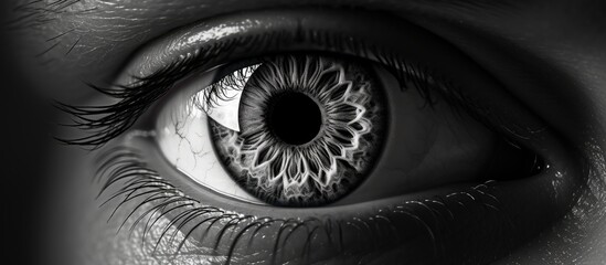 A macro monochrome photo featuring the intricate details of a persons eye, such as eyelashes, iris, and nerves, creating a symmetrical and dark image with a hint of electric blue - obrazy, fototapety, plakaty