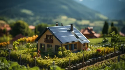 Fototapeten Model house with solar panels on roof in natural landscape © orientka
