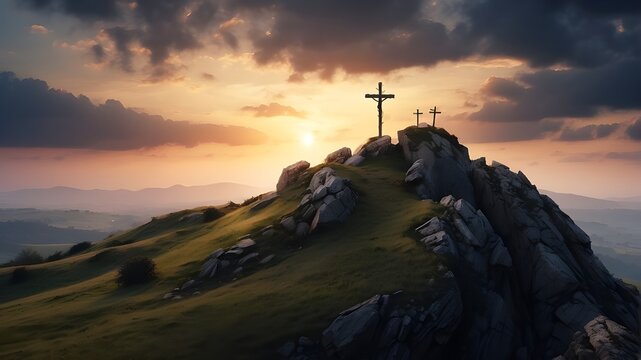 Concept of Calvary and Resurrection: Robe and Crown of Thorns on a Hill at Dusk