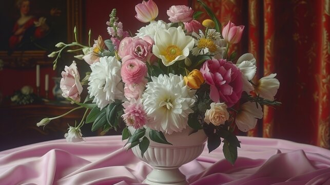  a white vase filled with lots of flowers on top of a pink table covered in a pink satin table cloth.