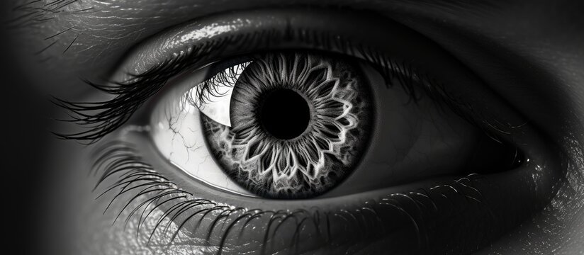 Fototapeta A macro monochrome photo featuring the intricate details of a persons eye, such as eyelashes, iris, and nerves, creating a symmetrical and dark image with a hint of electric blue