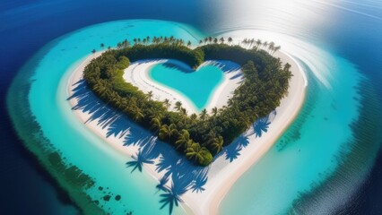 Aerial view of a tropical island in the shape of a heart. Vacation at sea. Sea cruise