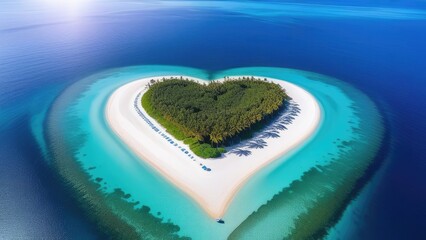 Aerial view of a tropical island in the shape of a heart. Vacation at sea. Sea cruise