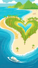 Tropical beach in heart shape with palm trees. Watercolor illustration. Vacation at sea. Sea cruise