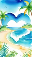 Tropical beach in heart shape with palm trees. Watercolor illustration. Vacation at sea. Sea cruise
