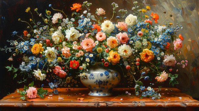 a painting of a vase full of flowers on a table with a painting of a vase full of flowers on a table with a painting of flowers in the background.