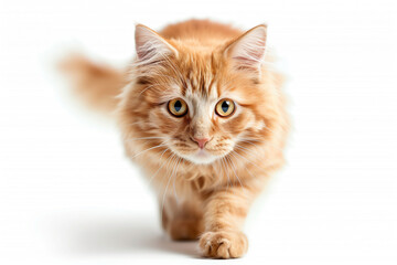 Closeup of a cute red cat walking on a white background