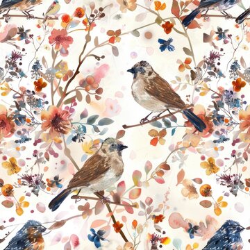 Seamless watercolor pattern adorned with birds and floral elements