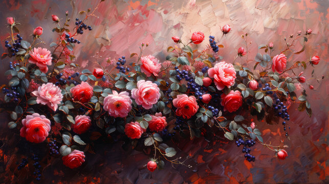  a painting of pink roses and berries on a red and pink background with leaves and berries in the foreground.