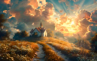 Fotobehang An illustration of a heavenly landscape with a church, pathway, and divine light, representing faith and spirituality. © NE97