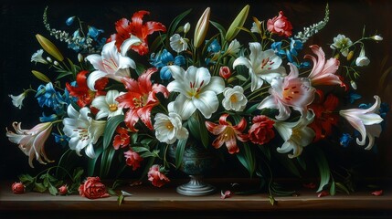  a painting of a bouquet of flowers in a vase on a table with red, white, and blue flowers.