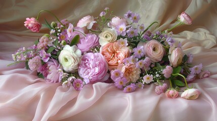  a close up of a bouquet of flowers on a pink satin table cloth with pink and white flowers in the center.