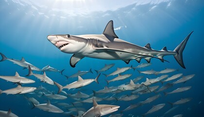 A Hammerhead Shark Swimming Gracefully Through A S - obrazy, fototapety, plakaty