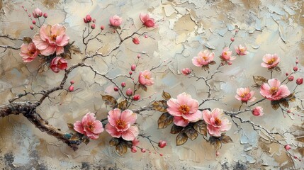  a painting of a branch with pink flowers on a brown and beige background, with leaves and flowers on it.