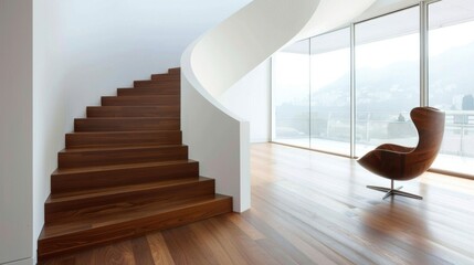 Classic Wooden Staircase in a Modern White Home with Railing and Chair on the Floor