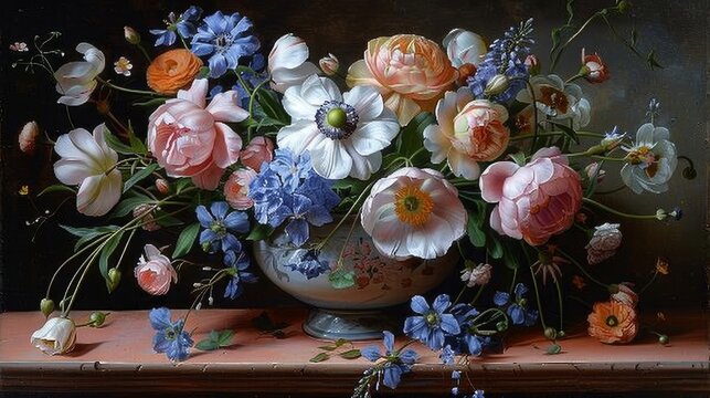  a painting of flowers in a vase sitting on a ledge next to a vase of blue, pink and white flowers.