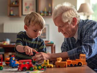 At home with family, grandfather watching over his nephew, grandparents and grandson playing - obrazy, fototapety, plakaty