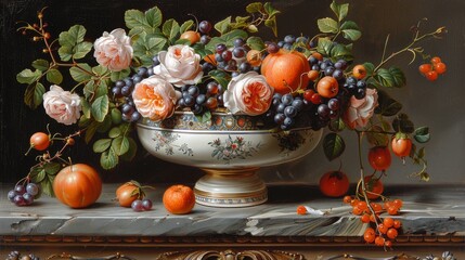 Obraz na płótnie Canvas a painting of oranges, grapes, and roses in a white bowl on a table with other fruit on it.