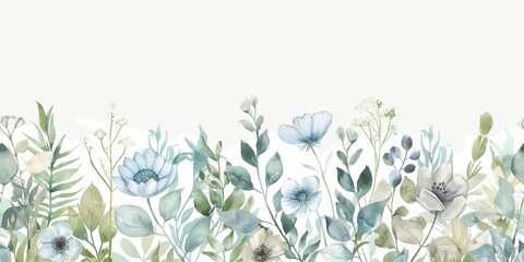 a horizontal, seamless pattern of abstract plants, flowers, leaves, and wildflowers. Pastel blue and green watercolor illustration. white background with a border of flowers.
