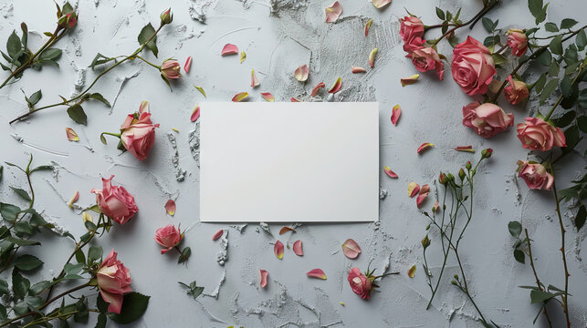 top view flat lay beautiful blank paper card mockup with miniature roses flowers on marble light background for women's Day, mothers day, valentine's day. 