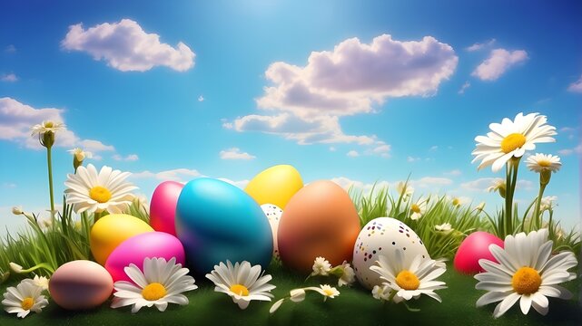 Easter greetings, bright eggs, and daisy flowers on a meadow beneath a gorgeous sky. three-dimensional rendering