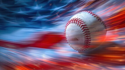 Baseball in motion with American flag background - Dynamic image of a baseball with motion blur effects against an American flag backdrop capturing the excitement of sports and patriotism