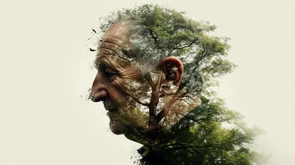 Fototapeten Double exposure combines face and forest. The concept of the unity of nature and man. The vitality of the human soul in nature illustration. Illustration for cover, card, interior design, poster, etc © Login