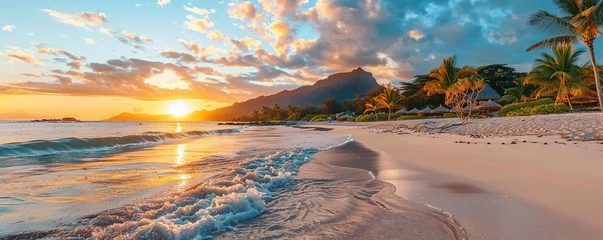 Fototapeten Tourism background with Fantastic Sunrise Beach in Mauritius. Dream Honeymoon Destination. © Coosh448