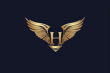 Fotobehang H Letter Wing Logo Design for Corporate Branding. Classic and Elegant Initial Flying Wing H Letter Concept with a Crown Touch © Web