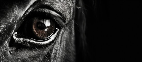 A closeup of a horses eye in black and white, showcasing its eyelashes, wrinkles, and the beauty of...