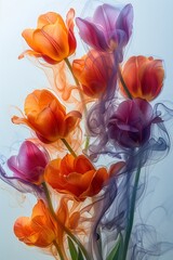 A captivating display of vibrant tulips, seemingly transforming into or emerging from colorful smoke.