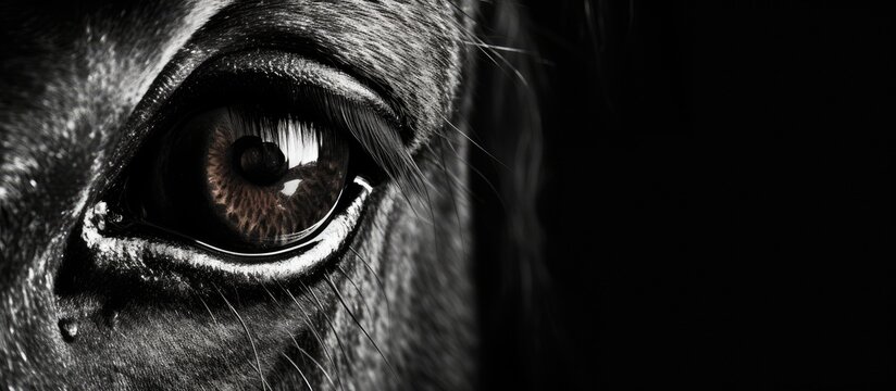 A closeup of a horses eye in black and white, showcasing its eyelashes, wrinkles, and the beauty of monochrome photography in capturing the emotion of this terrestrial working animal in darkness