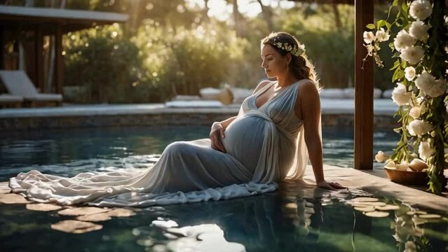 A radiant and peaceful pregnant woman adorned with delicate flowers and draped in soft flowing fabrics taking a moment to unwind at a spa