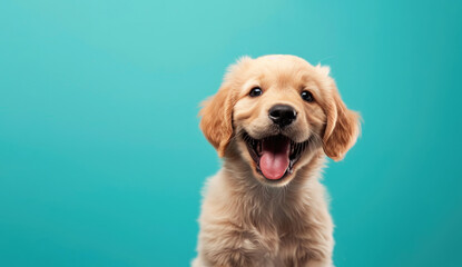 Cute Golden Retriever Puppy With Mouth Open, Turquoise Background, Studio Photo, Copy Space