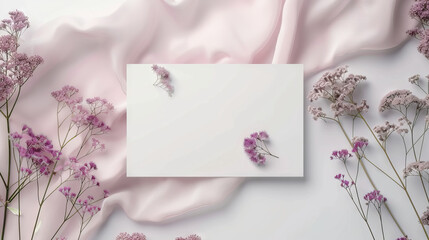 beautiful blank paper card mockup with Statice flowers on light pink cloth and white background, minimalism feminine concept.