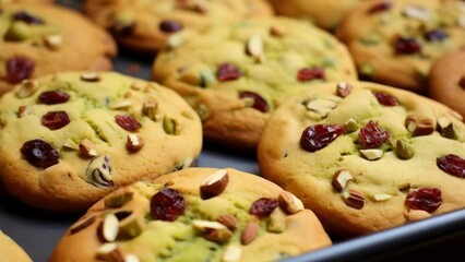 Tray of cookies with nuts and raisins on top