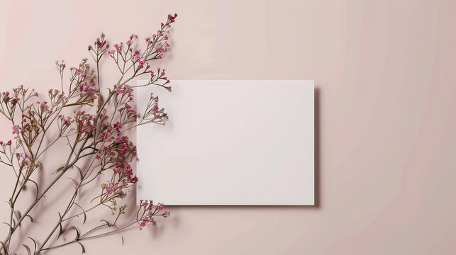 top view flat lay beautiful blank paper card mockup with Statice flowers on pastel plain background.  Feminine concept.