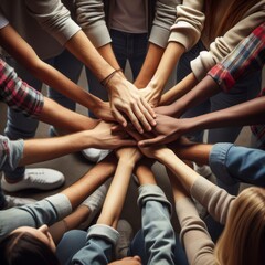 A diverse group of individuals puts their hands together, symbolizing teamwork and unity. The mix of genders and ethnicities showcases inclusion and collaboration.