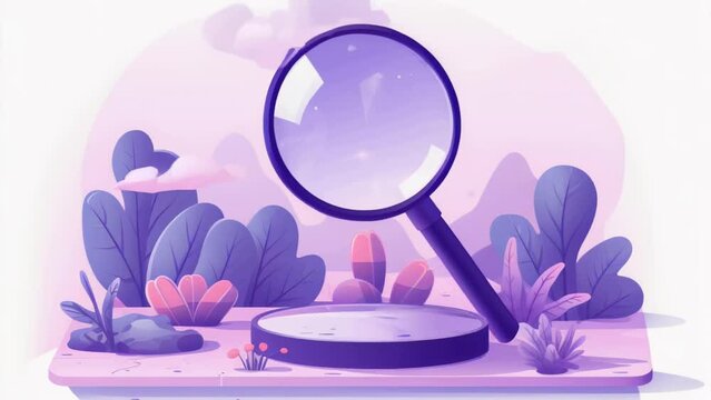 Purple and green landscape with magnifying glass on ground