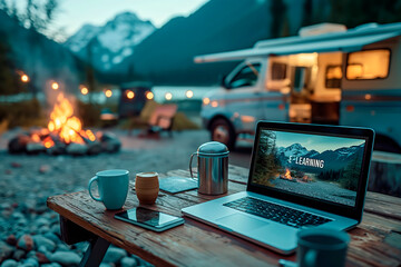 The image captures a serene outdoor e-learning environment with a laptop on a wooden picnic table, coffee mugs, and a campfire, against the backdrop of a camper van and mountain scenery at dusk.